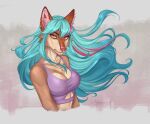  absurd_res anthro aria_(ariagoldberry) ariagoldberry artist_name blue_hair breasts canid canine canis cheek_tuft clothing digital_media_(artwork) ear_piercing ear_ring eyebrows eyelashes facial_tuft female fur hair hi_res inner_ear_fluff long_hair looking_at_viewer mammal piercing pink_eyes pink_nose portrait ring_piercing simple_background solo tan_body tan_fur topwear tuft wolf 