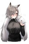  1girl animal_ears arknights black_shirt black_skirt blush braid breasts breath commentary cowboy_shot eyes_visible_through_hair fur-trimmed_jacket fur_trim grey_hair hair_between_eyes hair_ornament hairclip highres horn/wood jacket jacket_on_shoulders large_breasts long_hair looking_at_viewer mole_above_eye notice_lines official_alternate_costume parted_lips penance_(arknights) penance_(occasionally_flushed)_(arknights) ribbed_shirt shirt shirt_tucked_in side_braid simple_background single_braid skirt solo standing sweatdrop turtleneck white_background white_jacket wolf_ears wolf_girl yellow_eyes 