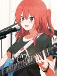  1girl absurdres artist_name black_shirt blush bocchi_the_rock! clothes_writing collarbone electric_guitar green_eyes guitar hair_between_eyes highres holding holding_instrument instrument kita_ikuyo long_hair microphone microphone_stand misaki_nonaka music one_side_up open_mouth playing_instrument red_hair shirt short_sleeves signature smile solo upper_body 