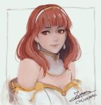  1girl bare_shoulders breasts celica_(fire_emblem) cleavage cm_lynarc commentary detached_collar dress earrings fire_emblem fire_emblem_echoes:_shadows_of_valentia grey_background hairband jewelry looking_at_viewer medium_hair off-shoulder_dress off_shoulder red_eyes red_hair smile solo upper_body white_dress 