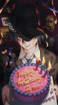  1boy absurdres baseball_cap birthday_cake black_headwear black_jacket cake candle collared_shirt confetti danganronpa_(series) danganronpa_v3:_killing_harmony dated food grin happy_birthday hat highres jacket male_focus necktie official_alternate_costume open_clothes open_jacket ribbon saihara_shuichi shirt smile solo striped_necktie teeth ttegi_(ddeck_dg) 