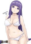  1girl :o bikini blunt_bangs breasts commentary_request cowboy_shot dated fern_(sousou_no_frieren) hime_cut holding holding_staff kei_jiei large_breasts long_hair looking_at_viewer medium_bangs navel open_mouth purple_eyes purple_hair purple_pupils sidelocks simple_background solo sousou_no_frieren staff swimsuit white_background white_bikini 