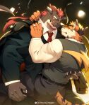  2boys :q absurdres animal_ears ass bara beard biceps carrying carrying_person dragon_(any) dragon_boy dragon_ears dragon_horns eye_contact facial_hair forgetch_(chen0for) forked_eyebrows furry furry_male furry_with_furry glint goatee highres horns husband_and_husband jacket jacket_on_shoulders jaguar_boy jaguar_ears jewelry long_hair looking_at_another male_focus mature_male multiple_boys muscular muscular_male original pants ring romg_the_jaguar second-party_source short_hair suit thick_eyebrows tongue tongue_out yaoi 