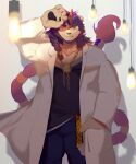  1boy absurdres aoi_(v_apii) bara black_shirt braid claws covering_face furry furry_male hair_ornament hand_in_pocket hand_up highres horns jewelry lab_coat light_bulb lights long_hair looking_at_viewer necklace pawpads pazuzu_(housamo) pectorals shirt single_horn tokyo_afterschool_summoners wall white_background 