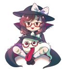  1girl :p black_cloak black_headwear bow brown_hair cloak dungeon_toaster full_body glasses highres indian_style loafers low_twintails plaid plaid_bow plaid_socks purple_skirt school_uniform shoes short_hair sitting skirt tongue tongue_out touhou twintails usami_sumireko usami_sumireko_(ghost) 
