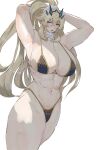  1girl abs armpits arms_behind_head arms_up bare_shoulders barghest_(fate) barghest_(ice_warrior)_(fate) biceps bikini black_bikini blonde_hair blue_eyes blush breasts cleavage fate/grand_order fate_(series) hair_ornament hair_scrunchie heterochromia high_ponytail highleg highleg_bikini highres horns large_breasts long_hair looking_at_viewer memory342 muscular muscular_female navel open_mouth red_eyes scarf scrunchie sidelocks solo swimsuit thick_thighs thighs white_background white_scarf 