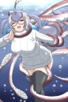  1girl anchor_hair_ornament blowhole blue_eyes blue_hair blue_whale_(kemono_friends) blush breasts cetacean_tail dorsal_fin fins fish_tail giant_squid glasses grey_hair hair_ornament japari_symbol kemono_friends large_breasts long_hair long_sleeves mukouyama_mu multicolored_hair open_mouth restrained solo sweater tail tentacle_grab tentacles tentacles_under_clothes turtleneck underwater whale_girl 