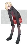  1girl black_footwear black_hoodie black_nails black_thighhighs blonde_hair blush boots brown_eyes earrings expressionless full_body ghost_print hair_over_one_eye highres hood hoodie idolmaster idolmaster_cinderella_girls jewelry leaning_forward oshinomiya plaid plaid_skirt red_skirt shirasaka_koume short_hair skirt sleeves_past_fingers sleeves_past_wrists solo thighhighs zettai_ryouiki 