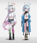  2girls absurdres arona_(blue_archive) black_eyes blue_archive blue_eyes blue_hair commentary crop_top fashion hairband halo highres kenma_pro long_hair midriff multiple_girls navel plana_(blue_archive) short_hair shorts white_background white_hair 