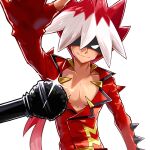  1boy closed_mouth commentary eye_mask ffccll highres jacket male_focus microphone multicolored_hair outstretched_arm pectorals pokemon pokemon_sm red_hair red_jacket ryuki_(pokemon) simple_background smile solo spiked_hair two-tone_hair upper_body white_background white_hair 
