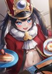  1girl black_hair blue_eyes blush breasts commentary_request food genderswap genderswap_(otf) highres honkai:_star_rail honkai_(series) long_hair long_sleeves looking_at_viewer medium_breasts navel open_mouth personification pie plate pom-pom_(honkai:_star_rail) red_headwear smile solo tinnies twintails underboob 