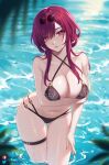 1girl bare_arms bare_shoulders breasts commentary criss-cross_halter eyewear_on_head halterneck helloimtea highres honkai:_star_rail honkai_(series) kafka_(honkai:_star_rail) large_breasts long_hair looking_at_viewer navel purple_eyes purple_hair solo standing stomach sunglasses thigh_strap thighs wading water 