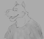  2023 anthro brok_the_investigator canid canine clothing eyes_closed male mammal open_mouth overweight overweight_male portrait shirt sin_(brok_the_investigator) smile solo thegoldenkaiser topwear 