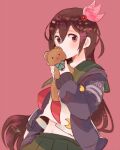  1girl black_cardigan blush brown_eyes brown_hair cardigan closed_mouth crescent crescent_pin green_skirt hair_between_eyes hair_ornament itomugi-kun kantai_collection kisaragi_(kancolle) kisaragi_kai_ni_(kancolle) long_hair neckerchief open_cardigan open_clothes pink_background pleated_skirt red_neckerchief school_uniform serafuku simple_background skirt smile solo stuffed_animal stuffed_toy teddy_bear upper_body 