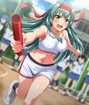  1girl absurdres aqua_hair baton black_socks blurry blush breasts collarbone commission dutch_angle green_eyes green_hair gym_uniform hair_between_eyes highres holding kantai_collection long_hair looking_at_viewer medium_breasts midriff navel open_mouth outdoors pixiv_commission shoes short_shorts shorts sneakers socks solo suzuya_(kancolle) sweatdrop tank_top track_uniform white_footwear white_shorts white_tank_top zanntetu 