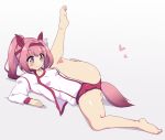  1girl animal_ears bare_legs barefoot breasts buruma closed_mouth commentary_request ear_ribbon flexible gradient_background grey_background gym_shirt hair_intakes hairband haru_urara_(umamusume) heart horse_ears horse_girl horse_tail jacket kasukeomote leg_up open_clothes open_jacket pink_hair ponytail purple_eyes red_buruma red_hairband ribbon shirt small_breasts smile solo spread_legs tail umamusume white_background white_jacket white_ribbon white_shirt 