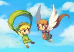  2016 animal_humanoid avian avian_humanoid beak blonde_hair boots clothing cloud day duo eye_contact feathered_wings feathers female flying footwear hair humanoid humanoid_pointy_ears hylian leaf light_body light_skin looking_at_another male medli nintendo rito rito_humanoid the_legend_of_zelda toon_link wind_waker wings wusagi2 