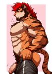  2023 abs absurd_res anthro biceps big_butt big_muscles bottomwear breasts bulge butt chest_fur clothed clothing detailed_bulge drks facial_hair felid foreskin fur genitals hair hi_res humanoid_genitalia humanoid_penis male mammal meme meme_clothing muscular muscular_anthro muscular_male nipples no_underwear orange_body pantherine pants pecs penis pubes pulling_up_pants red_hair redick simple_background solo striped_body stripes tiger tight_pants_(meme) vein veiny_penis wristband 