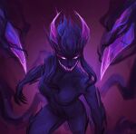  1girl artist_name black_bodysuit black_skin bodysuit breasts claws colored_sclera colored_skin evelynn_(league_of_legends) glowing glowing_eyes glowing_mouth gradient_background highres horns league_of_legends long_hair looking_at_viewer medium_breasts noctysart pink_background pink_sclera sidelocks solo tentacles white_eyes 