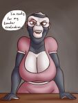  2023 anthro arm_support artist_name baboon big_breasts biped black_body black_eyebrows black_eyelashes black_fingernails black_fur black_nails black_pupils black_text breasts brown_eyes cartoon_network cheek_tuft chin_tuft cleavage cleavage_overflow clothed clothed_anthro clothed_female clothing collarbone colored_nails countershade_face countershade_hands countershade_torso countershading desk dialogue digital_drawing_(artwork) digital_media_(artwork) dress elderly_anthro elderly_female english_text extended_arms eyebrows eyelashes eyelids facial_tuft female fingernails fingers front_view fur fur_tuft furniture glistening glistening_eyes grin grinning_at_viewer hands_on_desk haplorhine hi_res huge_breasts humanoid_ears humanoid_hands iris lips looking_at_viewer mammal mature_anthro mature_female miss_simian monkey multicolored_body multicolored_fur nails old old_world_monkey oystercatcher7 pink_clothing pink_dress pink_ears pink_eyelids primate pupils red_lips smile solo speech_bubble table talking_to_viewer teeth text the_amazing_world_of_gumball thick_bottom_lip tuft two_tone_body two_tone_fur white_body white_breasts white_countershading white_fur 