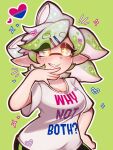  +_+ 1girl artist_name blush breasts brown_eyes cleavage commission earrings green_background green_hair grin hand_on_hip highres implied_bisexual jewelry looking_away marie_(splatoon) medium_breasts miiksii parted_lips pointy_ears shirt short_hair short_sleeves single_earring smile solo splatoon_(series) teeth tentacle_hair white_hair white_shirt 