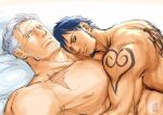  2boys afterglow back_tattoo bara black_hair couple facial_hair from_side goatee kokorozashi large_pectorals long_sideburns looking_at_viewer lying lying_on_person male_focus mature_male multiple_boys muscular muscular_male on_back on_bed one_piece pectorals sanpaku short_hair sideburns smoker_(one_piece) stubble tattoo thick_eyebrows trafalgar_law white_hair yaoi 
