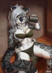  alcohol anthro beverage bottomwear breasts clothed clothing felid female foxovh fur grey_body grey_fur hi_res loincloth looking_at_viewer mammal medium_breasts pantherine sefa snow_leopard solo spots spotted_body spotted_fur yellow_eyes 