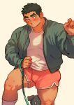  1boy bara black_hair blush bulge dark-skinned_male dark_skin dog dolphin_shorts earrings feet_out_of_frame hand_up hiding hiding_behind_another highres holding holding_leash jacket jewelry kim_liong_(shan) large_pectorals leash leg_hair long_sideburns looking_at_viewer male_focus muscular muscular_male open_clothes open_jacket original pectorals shan_(shanshankuo) shirt short_hair shorts shy sideburns socks solo thick_eyebrows thighs topless_male white_shirt 