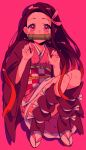  1girl asa_no_ha_(pattern) bamboo bit_gag brown_hair checkered_haori checkered_sash claw_pose commentary_request fingernails gag gagged gradient_hair hair_ribbon haori highres japanese_clothes kamado_nezuko kimetsu_no_yaiba kimono long_hair looking_at_viewer multicolored_hair pink_background pink_eyes pink_kimono pink_ribbon red_hair ribbon rumic_0620 sharp_fingernails simple_background socks solo tabi 