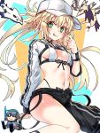  1girl absurdres artoria_caster_(fate) artoria_caster_(swimsuit)_(fate) artoria_pendragon_(fate) asymmetrical_clothes asymmetrical_pants bikini blonde_hair breasts cropped_jacket ebora fate/grand_order fate_(series) green_eyes hat highres looking_at_viewer midriff navel oberon_(fate) open_fly pants shrug_(clothing) simple_background single_pantsleg swimsuit tongue tongue_out visor_cap white_bikini 