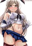  1girl absurdres black_hairband black_neckerchief black_panties blue_sailor_collar blue_skirt breasts brown_eyes commentary_request conte_di_cavour_(kancolle) cosplay crop_top elbow_gloves gloves hairband highleg highleg_panties highres kantai_collection large_breasts long_hair looking_at_viewer microskirt miniskirt mizuki_(uzuki_no_sato) neckerchief one-hour_drawing_challenge panties panty_pull pleated_skirt sailor_collar shimakaze_(kancolle) shimakaze_(kancolle)_(cosplay) shirt skirt sleeveless sleeveless_shirt solo striped striped_thighhighs thighhighs two_side_up underwear white_gloves 