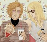  2boys arm_tattoo black_nails blonde_hair burger cigarette command_spell cup daybit_sem_void disposable_cup drinking_straw fast_food fate/grand_order fate_(series) flapper_shirt food highres holding holding_cigarette holding_cup holding_food jewelry lettuce long_hair male_focus medallion multiple_boys necklace orange-tinted_eyewear purple_eyes re_na961059 shirt short_hair shoulder_tattoo sleeveless smoke sunglasses tattoo tezcatlipoca_(fate) tinted_eyewear upper_body white_shirt 