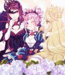  3girls blonde_hair blunt_bangs breasts celine_(fire_emblem) cleavage cleavage_cutout closed_mouth clothing_cutout crown dress facial_mark fascinator fire_emblem fire_emblem_engage flower fur_trim green_eyes hair_rings hand_on_another&#039;s_face hortensia_(fire_emblem) ivy_(fire_emblem) kszm_fe long_hair multiple_girls one_eye_closed purple_eyes purple_hair rose very_long_hair white_background 