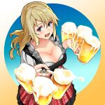  1girl alcohol bangs beer beer_mug blonde_hair blush breasts cleavage commission cup dirndl foam german_clothes hair_between_eyes holding holding_cup large_breasts long_hair looking_at_viewer mug open_mouth original simple_background skeb_commission solo tsukinami_kousuke 
