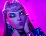  1girl absurdres artist_name asymmetrical_bangs black_choker choker claw_(weapon) close-up closed_mouth cone_hair_bun demon demon_girl drop_earrings earrings evelynn_(league_of_legends) eyeshadow hair_bun hands_on_own_face highres jacket jewelry k/da_(league_of_legends) k/da_all_out_evelynn league_of_legends long_hair looking_at_viewer makeup open_clothes open_jacket purple_background purple_eyeshadow purple_jacket purple_lips slit_pupils solo thecatatonic weapon yellow_eyes 