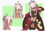  19_chisinlo 1girl armor bare_shoulders black_panties breastplate breasts bridal_gauntlets cape chloe_von_einzbern closed_mouth collarbone dark-skinned_female dark_skin fate/kaleid_liner_prisma_illya fate_(series) hair_between_eyes hair_bun hair_ornament hairpin half_updo long_hair long_sleeves looking_at_viewer multiple_views navel orange_eyes panties pink_hair red_cape shrug_(clothing) sidelocks small_breasts smile stomach_tattoo tattoo thighs underwear v waist_cape 