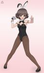  1girl absurdres acrux akiyama_yukari animal_ears black_bow black_bowtie black_leotard blush bow bowtie breasts brown_eyes brown_hair camera fake_animal_ears fishnet_pantyhose fishnets full_body girls_und_panzer highres holding holding_camera leotard looking_at_viewer open_mouth pantyhose pink_background playboy_bunny pointing pointing_at_viewer rabbit_ears short_hair simple_background small_breasts smile solo 