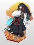  1girl absurdly_long_hair absurdres armor autumn_leaves black_gloves black_hair black_hakama blue_hair breasts fingerless_gloves forehead_protector full_body gigantic_breasts gloves gradient_hair grey_eyes hachimaki hair_ribbon hakama headband highres holding holding_sheath holding_sword holding_weapon japanese_armor japanese_clothes katana kimono konoshige_(ryuun) kote long_hair multicolored_hair original ponytail red_ribbon ribbon scabbard sheath shoulder_armor sode solo standing sword tabi tasuki unsheathed very_long_hair weapon white_kimono wide_sleeves zouri 