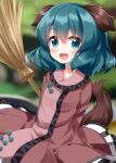  1girl animal_ears blush broom dog_ears dog_tail dress green_eyes green_hair hair_between_eyes highres holding holding_broom kasodani_kyouko long_sleeves looking_at_viewer one-hour_drawing_challenge open_mouth pink_dress ruu_(tksymkw) short_hair smile solo tail touhou upper_body 