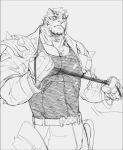  1boy arknights bad_id bad_twitter_id bara black_tank_top cowboy_shot driedwarek facial_hair furry furry_male goatee greyscale large_pectorals looking_at_viewer male_focus monochrome mountain_(arknights) muscular muscular_male pectoral_cleavage pectorals scar scar_across_eye short_hair shoulder_spikes sketch solo spikes tank_top thick_eyebrows tiger_boy traditional_media 