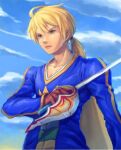  1boy ahoge blonde_hair blue_sky brown_eyes cape cloud final_fantasy final_fantasy_tactics holding holding_sword holding_weapon ponytail ramza_beoulve regulus_ll shirt sky solo sword weapon 