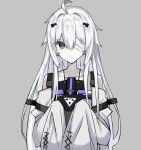  1girl absurdres ahoge bandage_over_one_eye closed_mouth dress grey_background grey_eyes grey_hair hair_ornament hairclip highres long_hair no.21_(punishing:_gray_raven) punishing:_gray_raven sleeves_past_fingers sleeves_past_wrists touko_(toko12_tooko) white_dress 