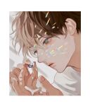  1boy blue_eyes border brown_hair closed_mouth cognacbear gem highres holding holding_gem looking_at_object male_focus original reflection short_hair spectral sweater white_border white_sweater 