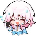  1girl ^_^ black_gloves buttons chibi closed_eyes english_commentary furrowed_brow gloves honkai:_star_rail honkai_(series) long_sleeves march_7th_(honkai:_star_rail) medium_hair official_art open_mouth pink_hair solo sweatdrop transparent_background upper_body 