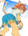  ahoge ankle_tuft anthro arm_tuft ball blue_clothing blue_eyes blue_pupils blue_swimming_trunks blue_swimwear blush bodily_fluids brown_hair brown_tipped_ears butt butt_focus cheek_tuft clothing countershading elbow_tuft eyebrows facial_tuft felid furgonomic_bottomwear hair hi_res inner_ear_fluff knee_tuft konazarame leg_tuft lens_flare lion looking_at_viewer looking_back looking_back_at_viewer low-angle_view male mammal midriff pantherine ponytail pupils shirt solo sweat sweatdrop swimming_trunks swimwear t-shirt tail tail_tuft teo_(world_flipper) topwear translucent translucent_hair tuft volleyball_(ball) whiskers white_body white_countershading white_eyebrows white_inner_ear_fluff world_flipper 