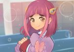  1girl bow bow_earrings constarlations earrings gradient_background highres jewelry lacey_(pokemon) pink_bow pink_hair pokemon pokemon_(game) pokemon_sv purple_hair purple_sweater sweater 