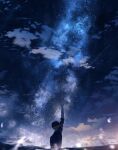  1boy absurdres black_shirt cloud evening highres male_focus night night_sky ocean original outstretched_arm partially_submerged scenery shion_08 shirt shooting_star short_hair sky solo star_(sky) starry_sky water 