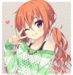  1girl ;) akishisu_(air_balance) blush breasts casual closed_mouth collarbone crossed_bangs eyelashes green_sweater grey_background hair_between_eyes heart inaba_meguru jewelry long_hair looking_at_viewer low_twintails necklace off_shoulder one_eye_closed orange_hair polka_dot polka_dot_background red_eyes sanoba_witch simple_background single_bare_shoulder sleeves_past_wrists small_breasts smile solo striped striped_sweater sweater twintails upper_body v-shaped_eyebrows w w_over_eye wavy_hair 