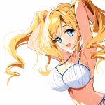  1girl arms_behind_head bikini blonde_hair blue_eyes breasts cleavage commentary_request drill_hair fujitsu_akira highres honolulu_(kancolle) kantai_collection large_breasts long_hair one-hour_drawing_challenge side-tie_bikini_bottom simple_background smile solo swimsuit upper_body white_background white_bikini 