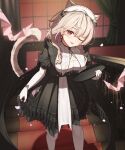  1girl ;) animal_ears arknights bat_(animal) blush bracelet braid breasts cat_ears cat_girl cat_tail cleavage closed_mouth earrings elbow_gloves extra_ears feet_out_of_frame gloves grey_hair hairband holding holding_tray indoors jewelry kazemaru_(arknights) kazemaru_(like_illusion)_(arknights) large_breasts leaning_forward long_hair looking_at_viewer maid official_alternate_costume one_eye_closed pantyhose pink_eyes puffy_short_sleeves puffy_sleeves ring shironekoban short_sleeves skirt_hold smile solo stairs tail tray twin_braids white_gloves white_hairband white_pantyhose window 